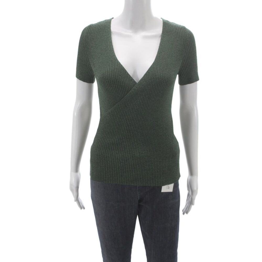 Uterque Women Basic Blouse Green V-Neck Short Sleeve Viscose Size M